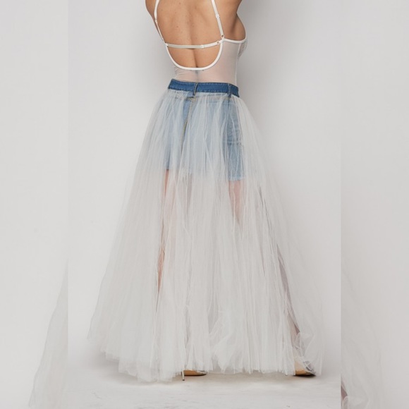 Reversed Denim Skirt Tulle Overlay WHITE - Picture 5 of 8